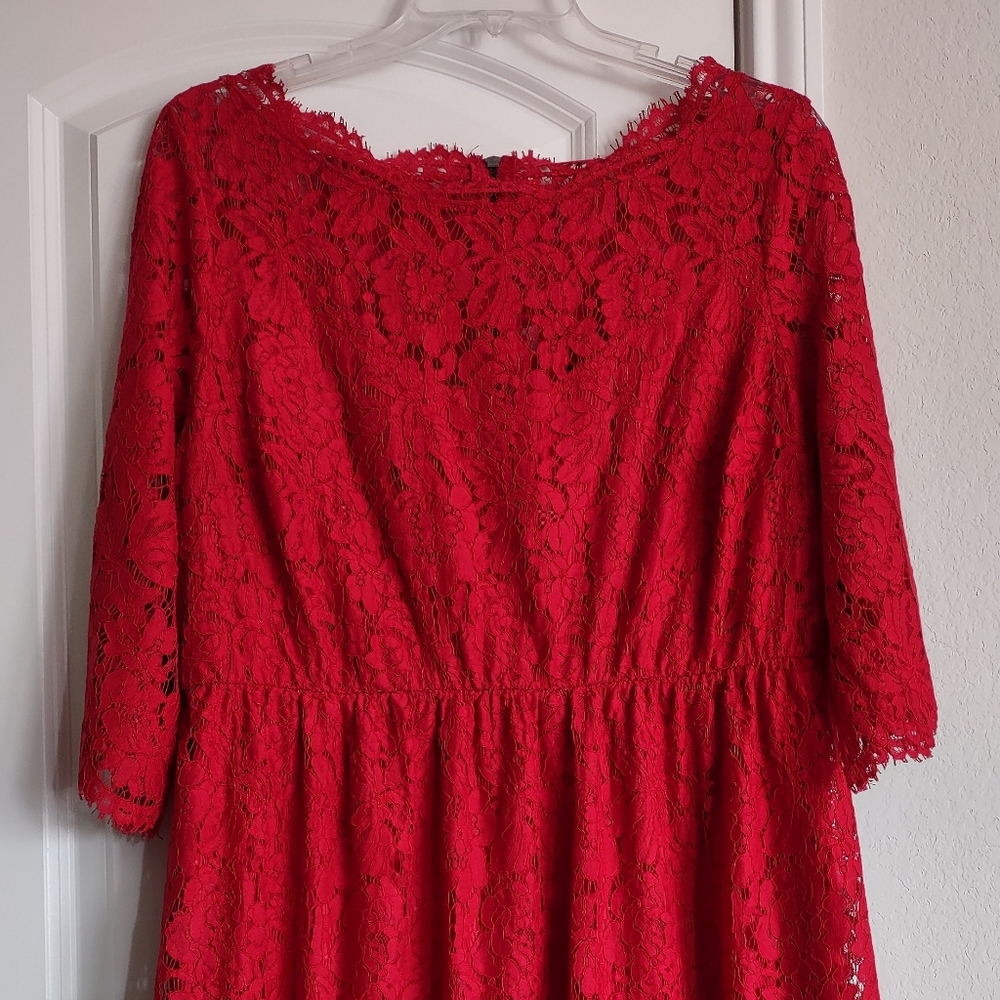 Lane Bryant Sz 16 Gorgeous Red Lace A-line ¾ Sleeve Knee-length Lined Zip Dress